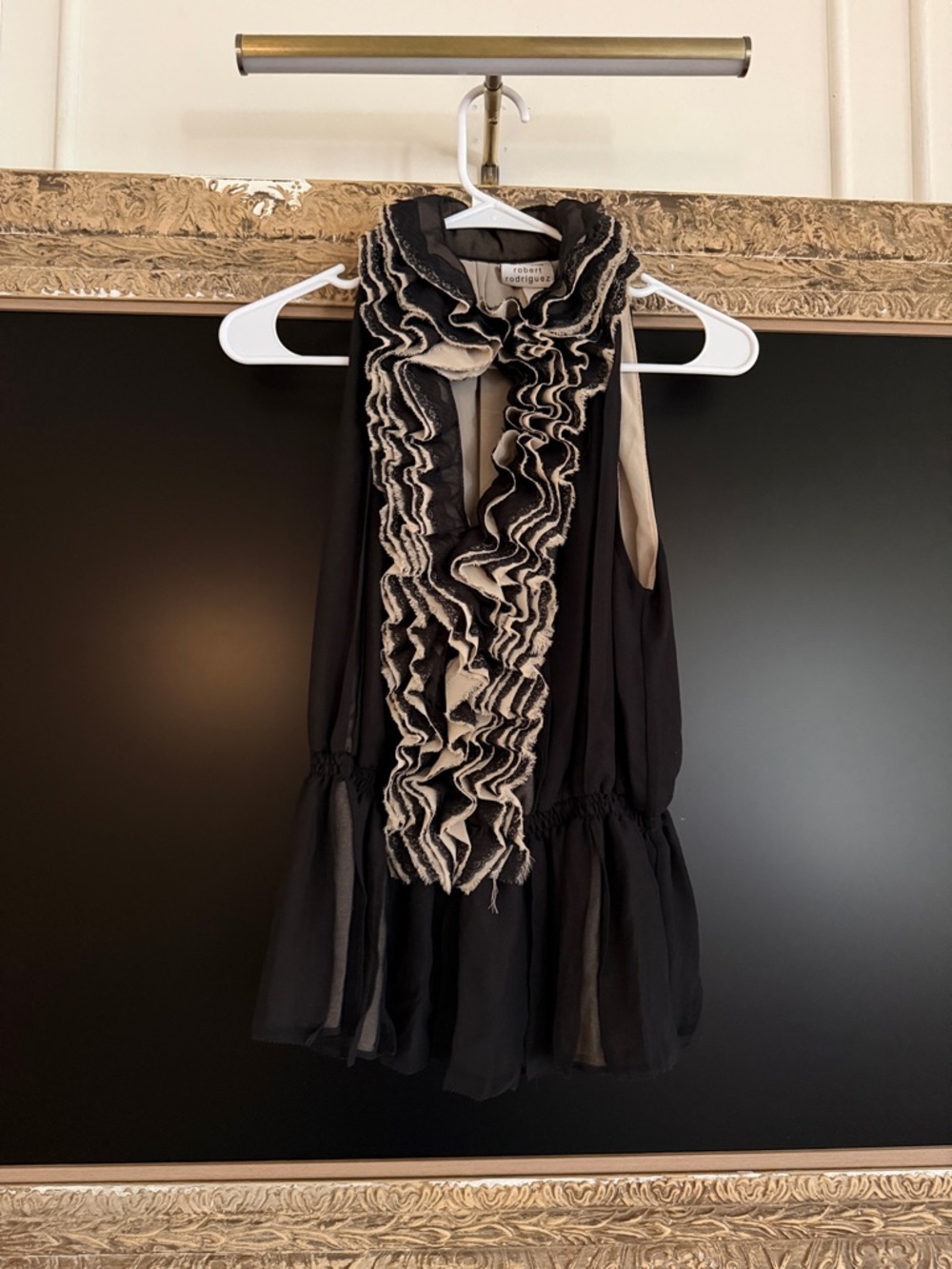 Robert Rodriguez Black Sleeveless Ruffle-Trim Top with Cream Accents
